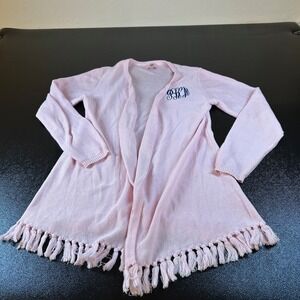 MarleyLilly Fringe Cardigan Open Front Knit Sweater Monogrammed Pink Women Large